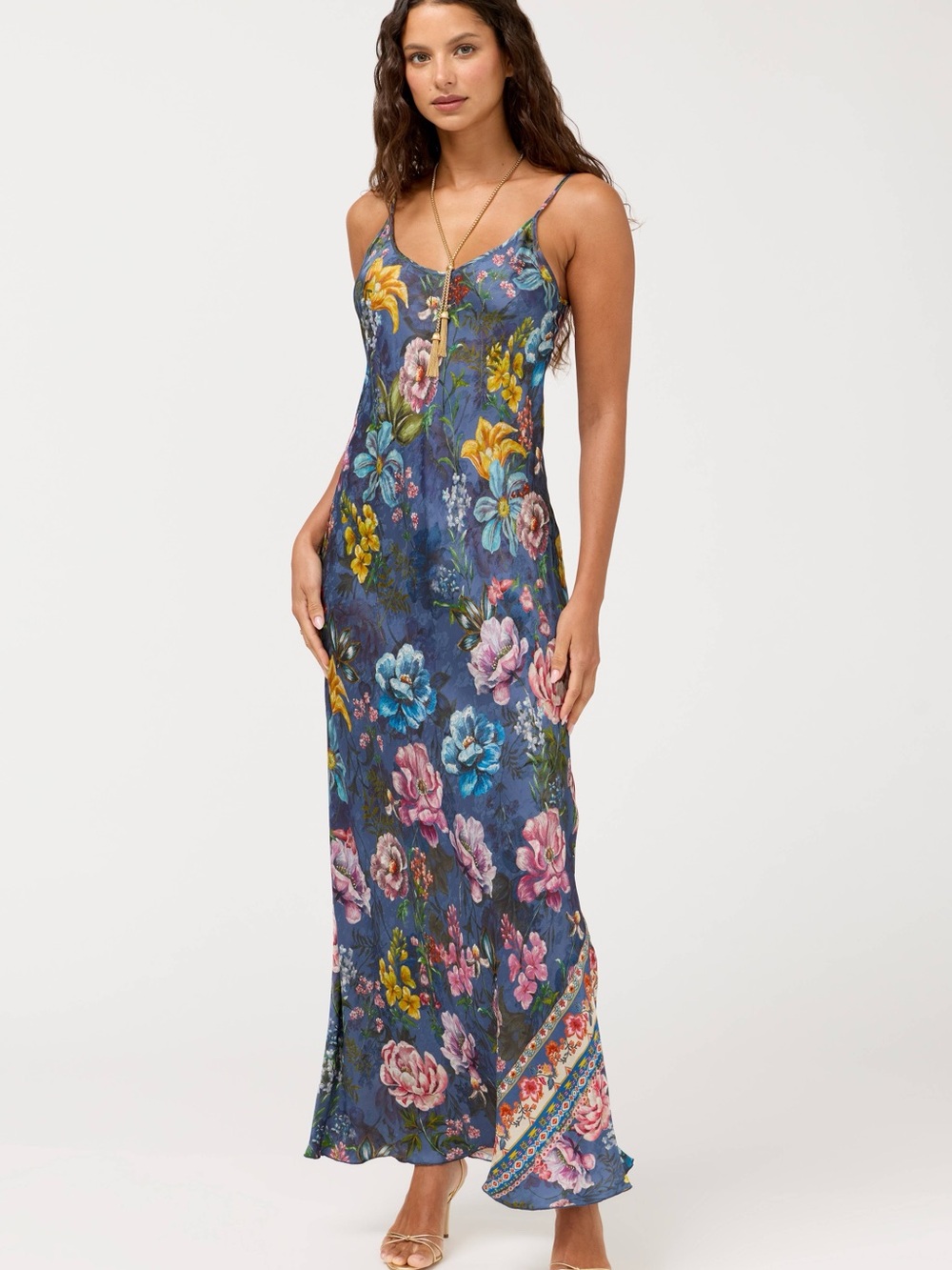 Johnny Was Navy Floral Slip Maxi Dress with Pink & Yellow Blooms